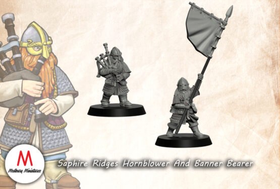 Medbury Miniatures: Saphire Ridges Dwarven Hornblower and Banner Bearer (2)