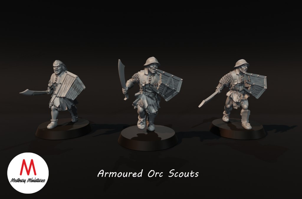 Medbury Miniatures: Armoured Orc Scouts with Sword and Shield (3)
